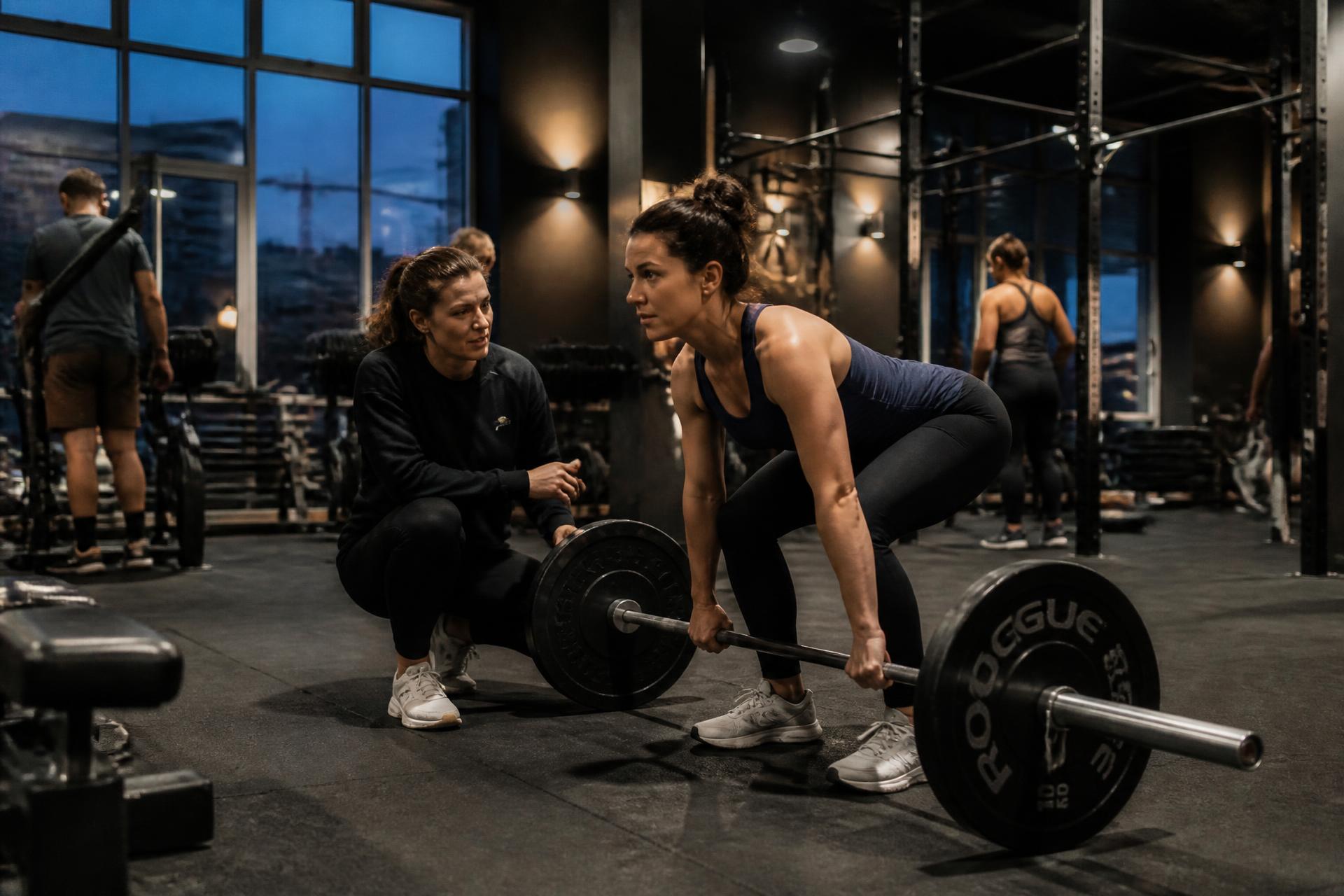 Une membre effectue un soulevé de terre pendant qu'une coach l'accompagne, dans la salle NOVA FITNESS en fin de journée